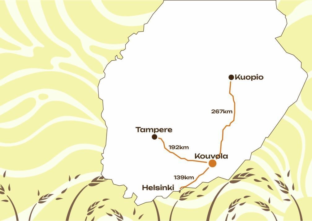 Karttakuva, jossa kerrotaan etäisyydet Kouvolaan Kuopiosta (267 km), Tampereelta (192 km) ja Helsingistä (139 km).